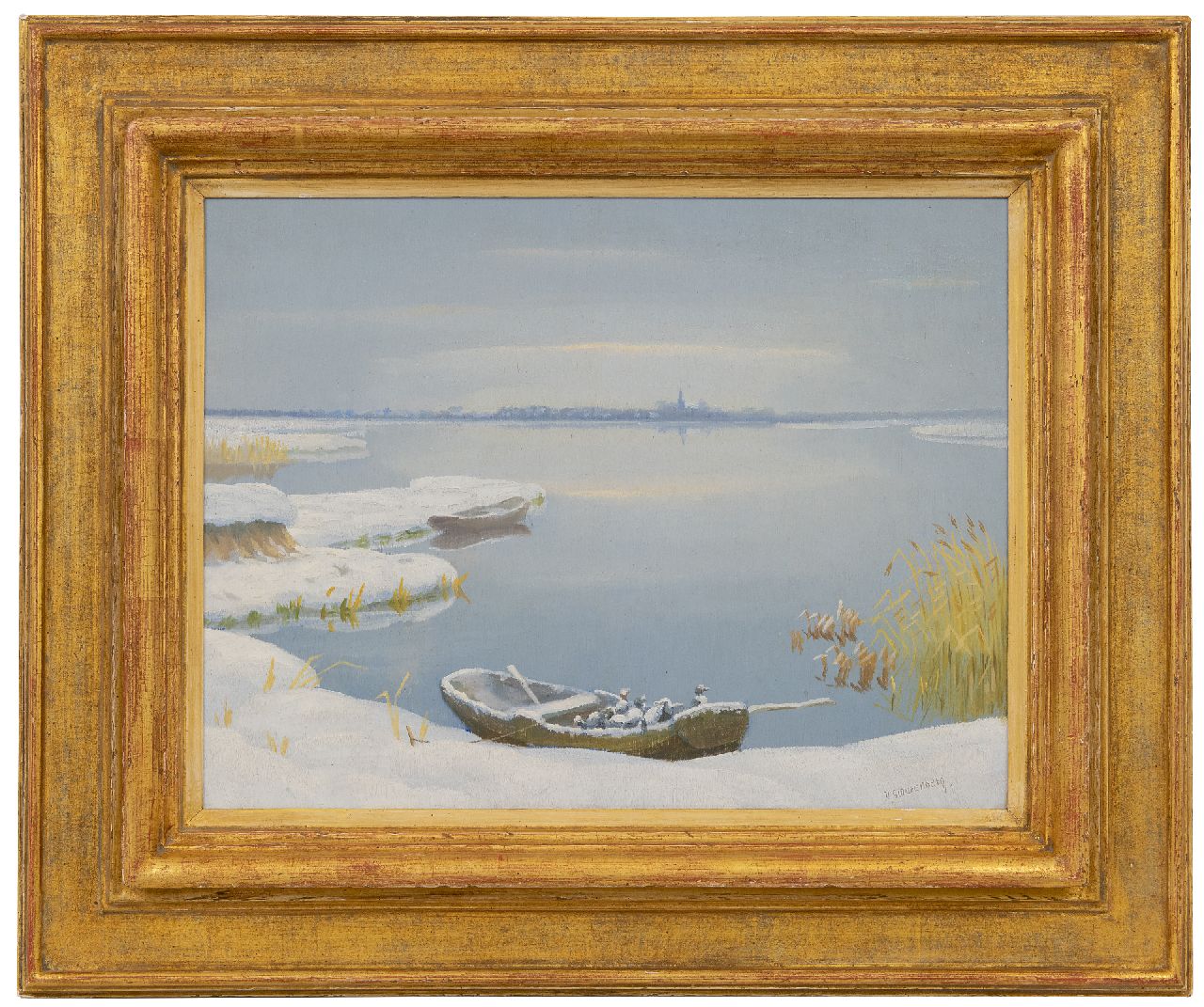 Smorenberg D.  | Dirk Smorenberg | Schilderijen te koop aangeboden | Winters gezicht bij Loosdrecht met eendenfamilie in de schuit, olieverf op board 30,3 x 39,5 cm, gesigneerd rechtsonder
