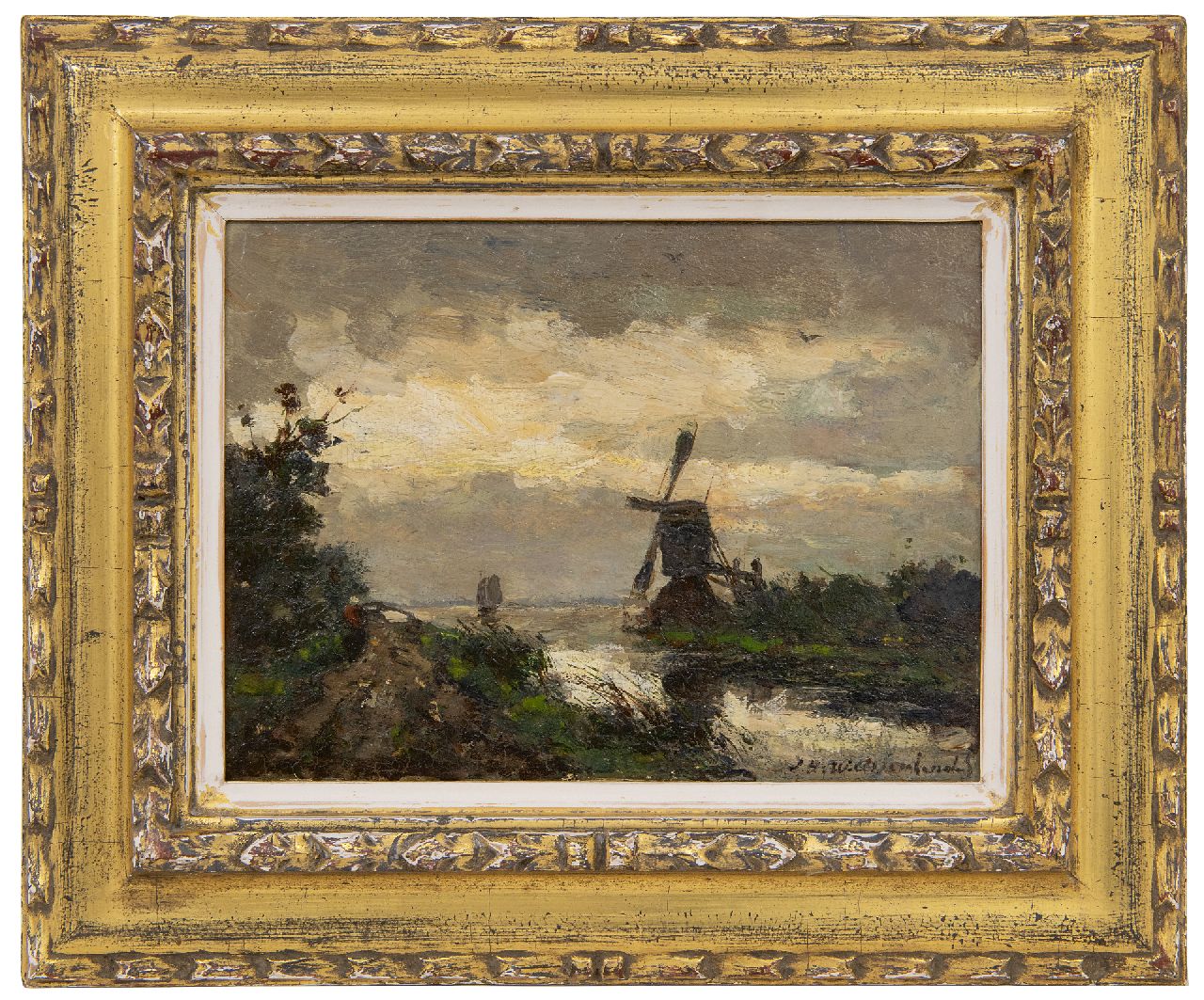 Weissenbruch H.J.  | Hendrik Johannes 'J.H.' Weissenbruch | Schilderijen te koop aangeboden | Molen bij buiig weer, olieverf op paneel 18,5 x 24,5 cm, gesigneerd rechtsonder