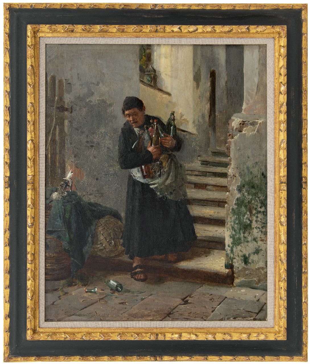 Kotschenreiter J.H.G.G.  | Johann 'Hugo' Georg Gottlieb Kotschenreiter | Schilderijen te koop aangeboden | Het aanvullen van de wijnvoorraad, olieverf op doek 54,0 x 43,5 cm, gesigneerd linksonder en gedateerd '74
