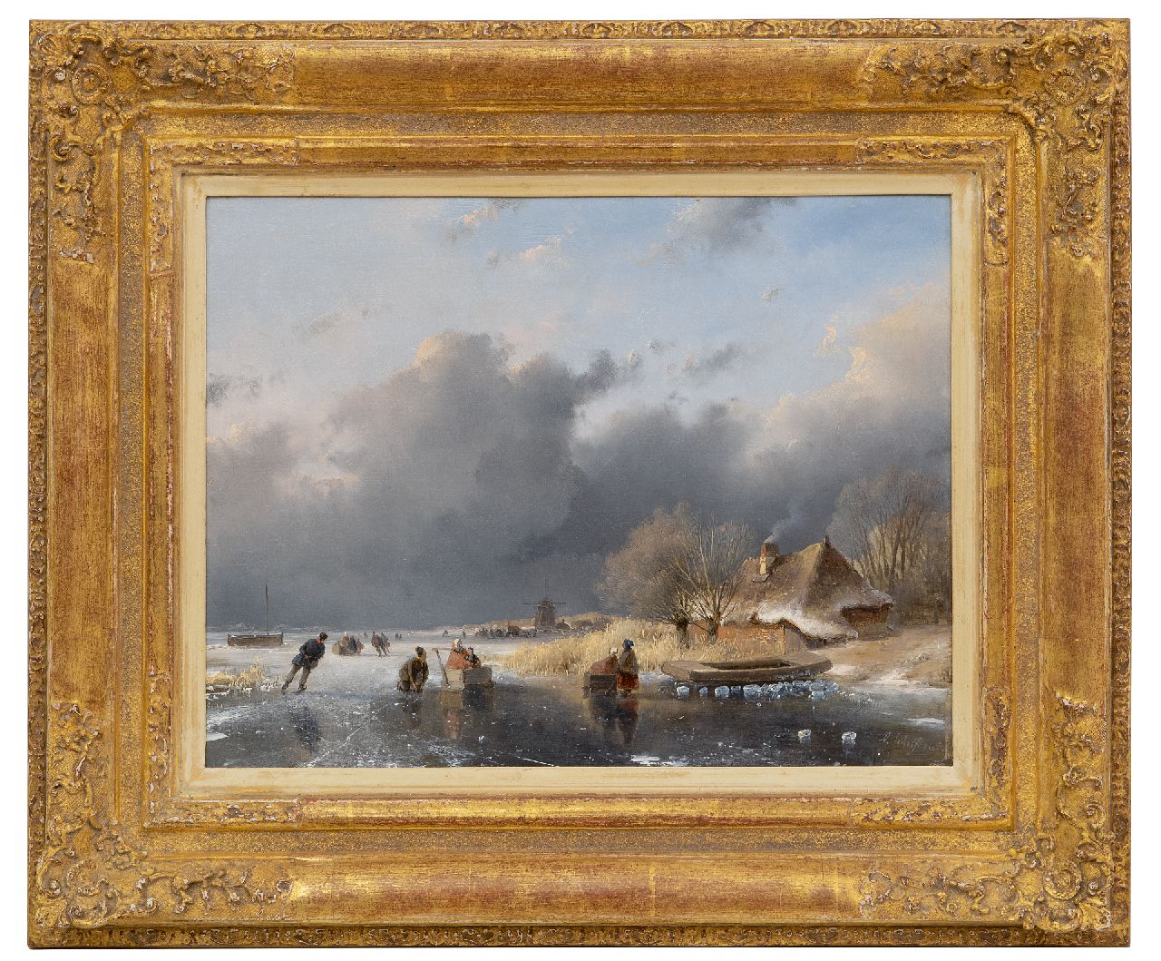 Schelfhout A.  | Andreas Schelfhout | Schilderijen te koop aangeboden | Schaatsers op poldervaart bij een boerderij, olieverf op paneel 25,2 x 32,1 cm, gesigneerd rechtsonder