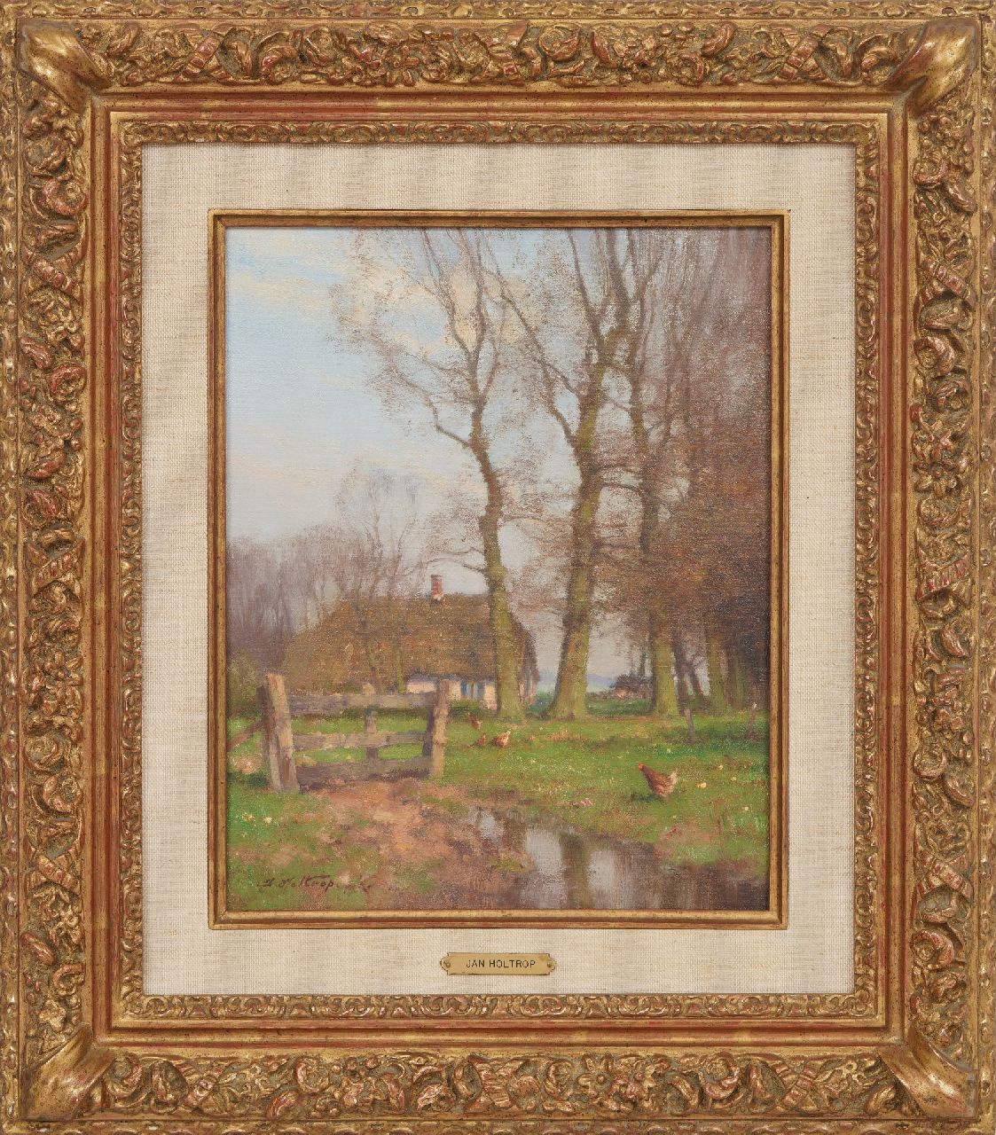 Holtrup J.  | Jan Holtrup | Schilderijen te koop aangeboden | Kippen voor een boerderij, olieverf op doek 30,0 x 23,0 cm, gesigneerd linksonder