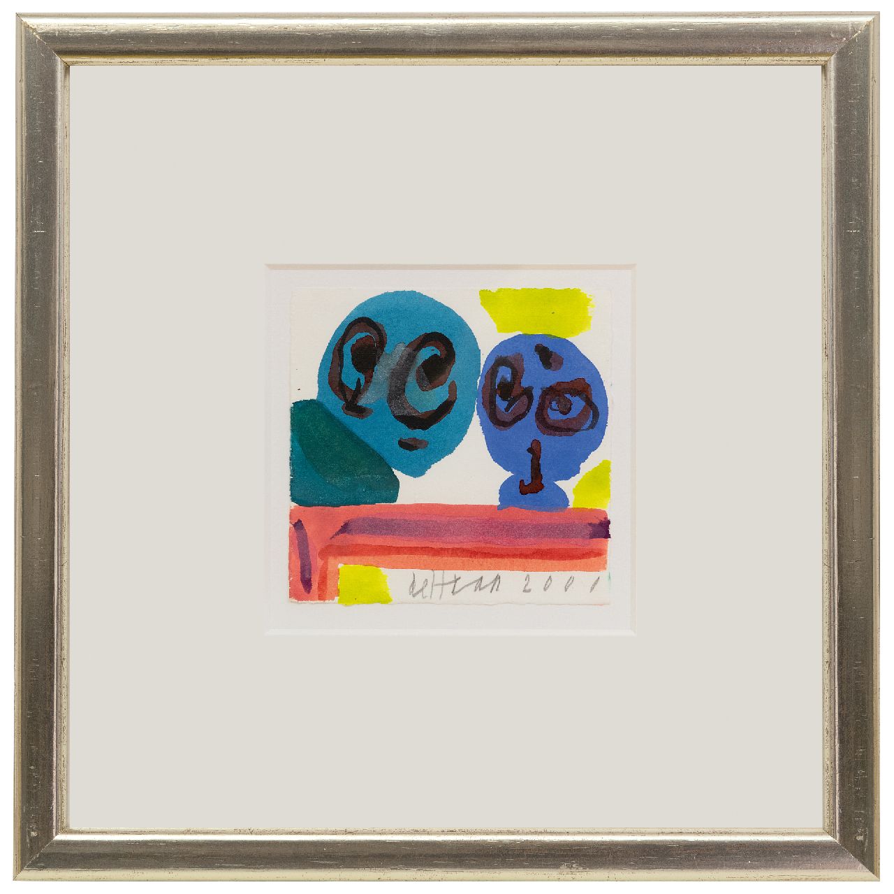 Haan J. de | Jurjen de Haan | Aquarellen en tekeningen te koop aangeboden | Twee figuren, gouache op papier 12,0 x 12,2 cm, gesigneerd middenonder en gedateerd 2001 Haan J. de | Jurjen de Haan | Aquarellen en tekeningen te koop aangeboden | Twee figuren, gouache op papier 12,0 x 12,2 cm, gesigneerd middenonder en gedateerd 2001