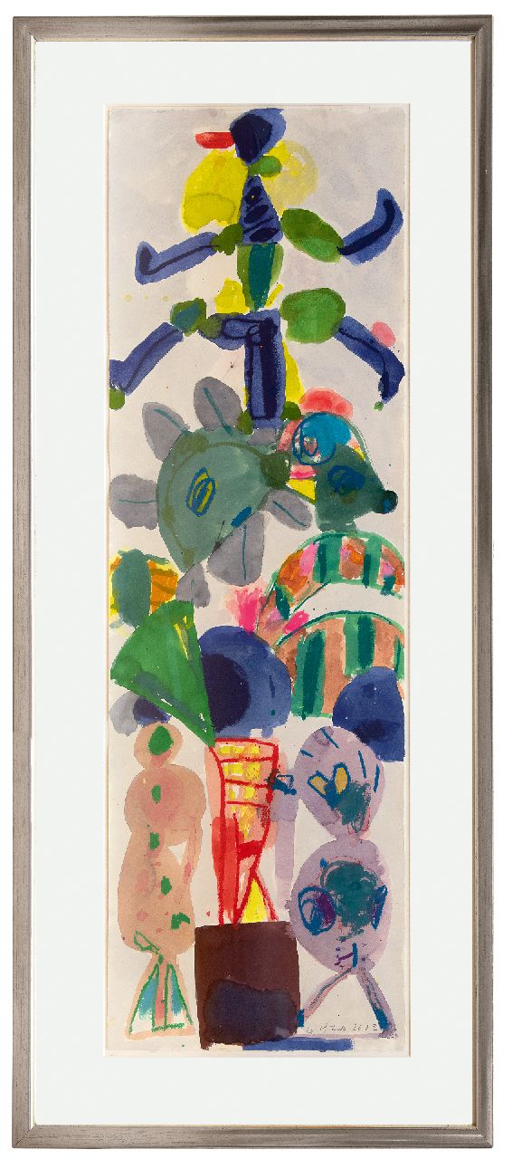 Haan J. de | Jurjen de Haan | Aquarellen en tekeningen te koop aangeboden | Totempaal, gouache op papier 120,0 x 40,0 cm, gesigneerd rechtsonder en gedateerd 2002 Haan J. de | Jurjen de Haan | Aquarellen en tekeningen te koop aangeboden | Totempaal, gouache op papier 120,0 x 40,0 cm, gesigneerd rechtsonder en gedateerd 2002