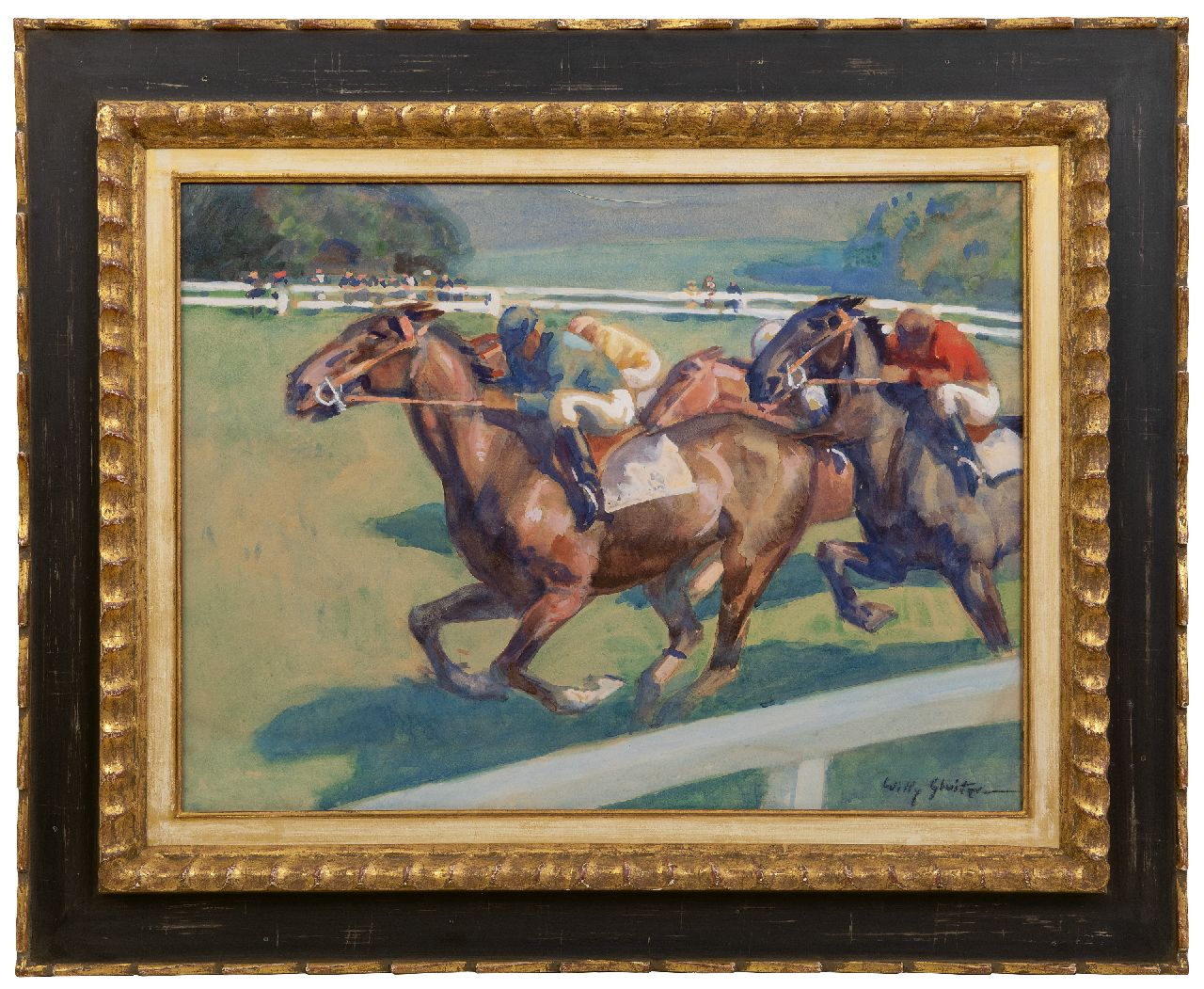 Sluiter J.W.  | Jan Willem 'Willy' Sluiter | Aquarellen en tekeningen te koop aangeboden | De paardenrace, aquarel en gouache op papier 48,4 x 64,7 cm, gesigneerd rechtsonder