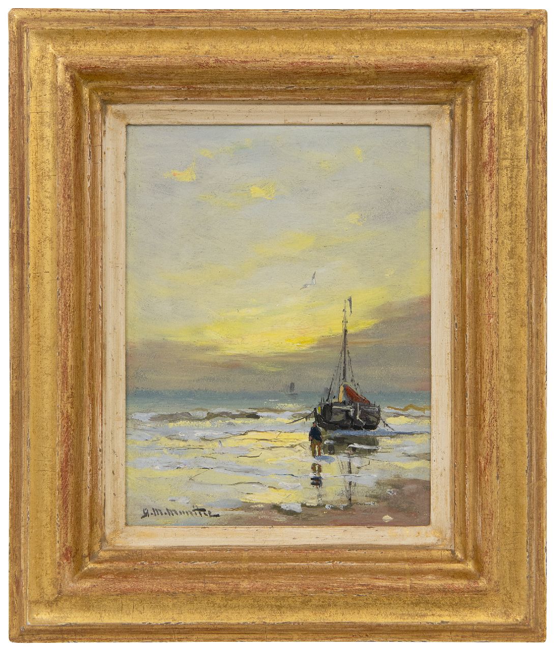 Munthe G.A.L.  | Gerhard Arij Ludwig 'Morgenstjerne' Munthe | Schilderijen te koop aangeboden | Bomschuit met visser bij zonsondergang, olieverf op schildersboard 20,0 x 14,8 cm, gesigneerd linksonder