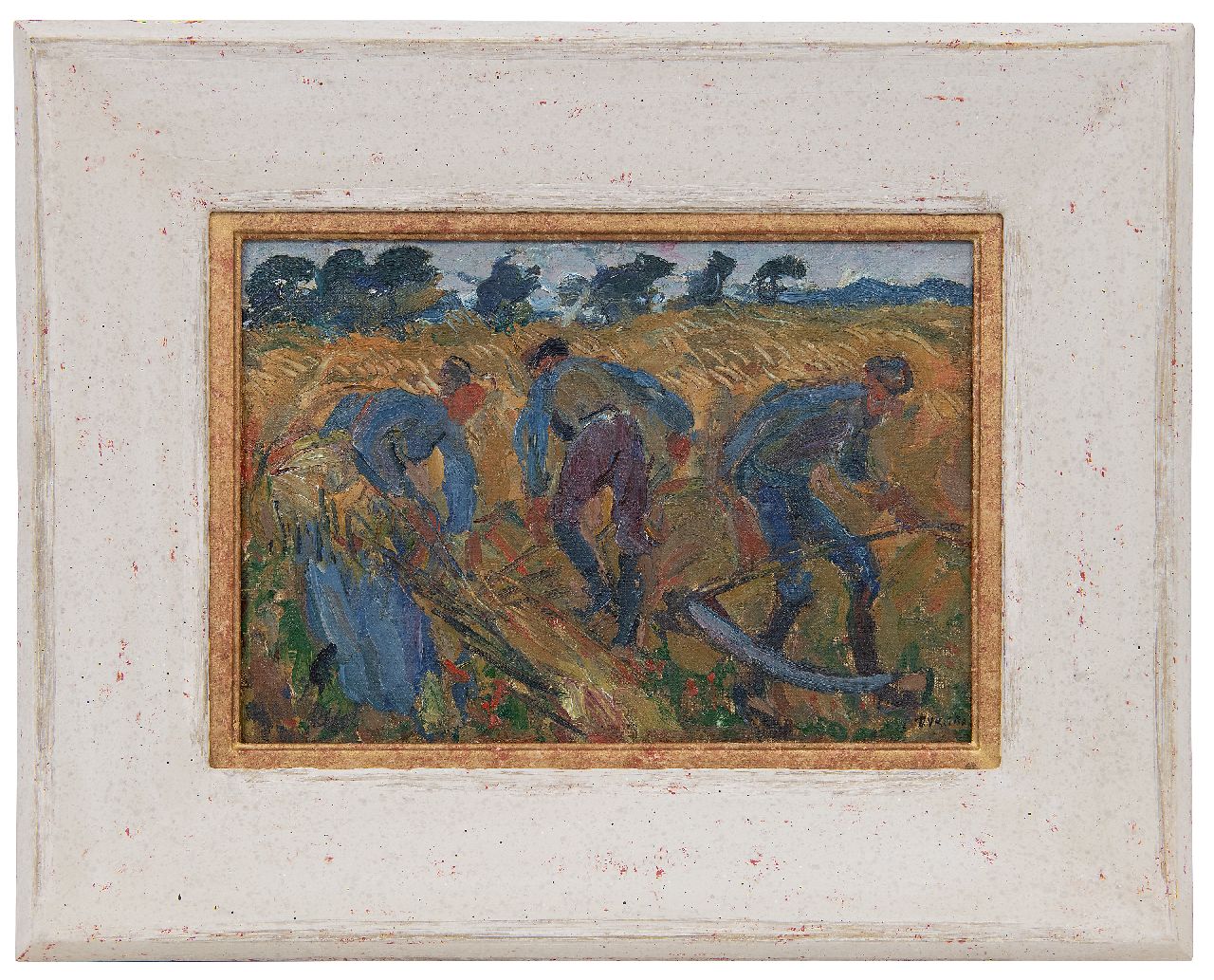 Dijkstra J.  | Johannes 'Johan' Dijkstra | Schilderijen te koop aangeboden | Maaiende landarbeiders, Groningen, olieverf op doek op paneel 21,5 x 30,2 cm, gesigneerd rechtsonder en te dateren midden jaren 20