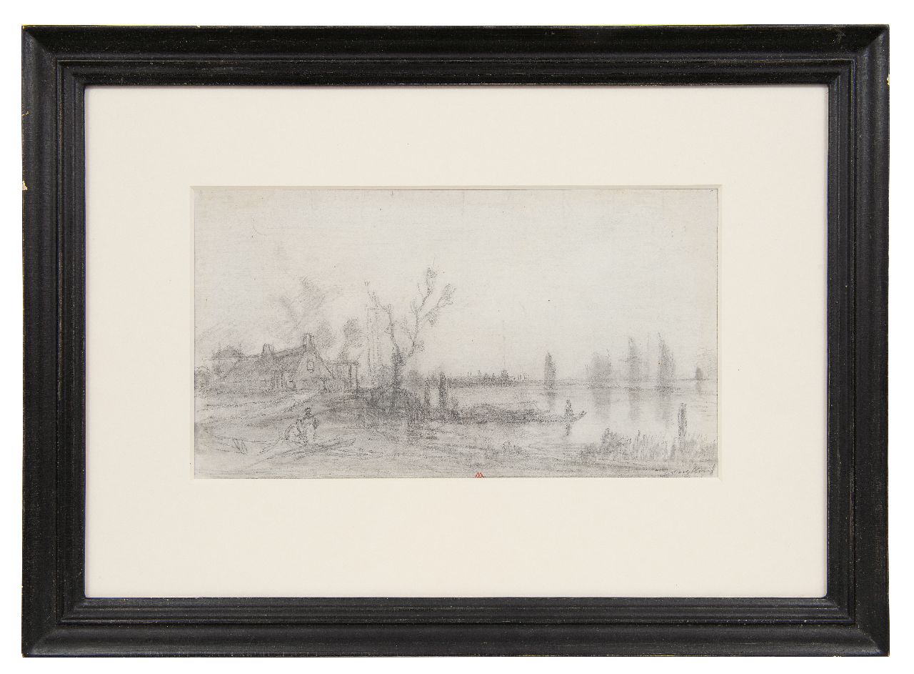 Jongkind J.B.  | Johan Barthold Jongkind, Riviergezicht; verso: Dorpsgezicht, potlood op papier 17,5 x 30,5 cm, gesigneerd rechtsonder