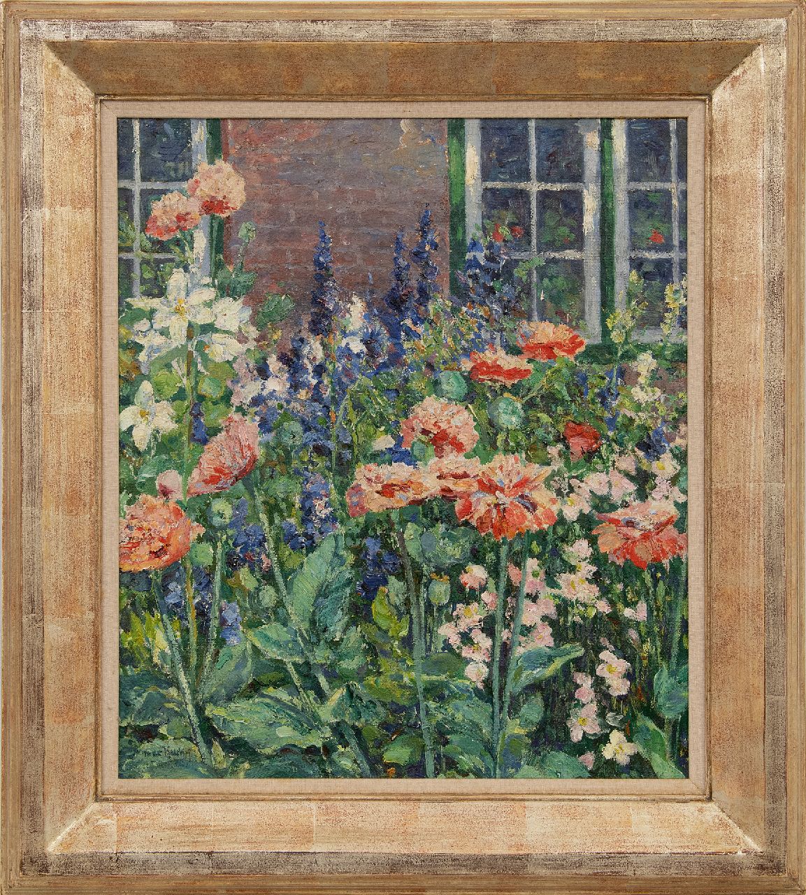 Kuchel M.  | Max Kuchel | Schilderijen te koop aangeboden | Tulpen en ridderspoor in de tuin, olieverf op doek 49,7 x 42,2 cm, gesigneerd linksonder en te dateren ca. 1910