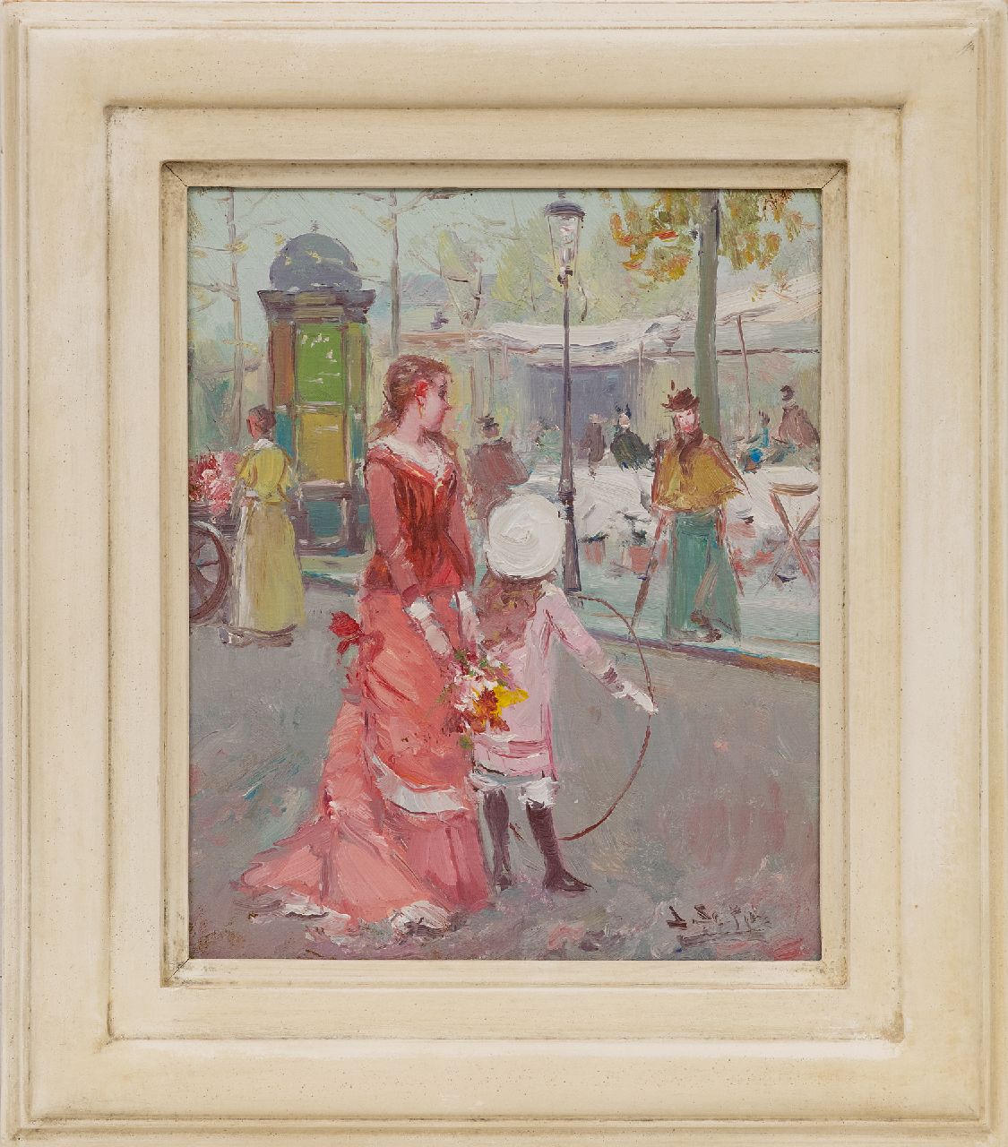 Soler J.  | Juan Soler, Moeder en kind op een Parijse boulevard, olieverf op doek op paneel 27,0 x 22,0 cm, gesigneerd rechtsonder