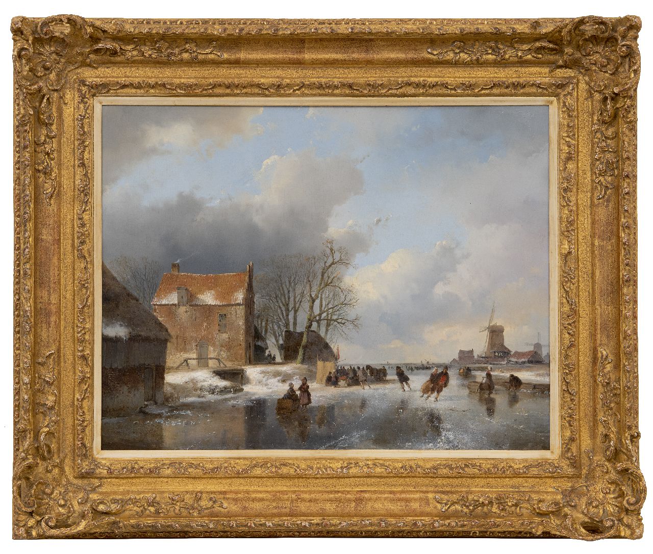 Schelfhout A.  | Andreas Schelfhout | Schilderijen te koop aangeboden | Bevroren rivier met schaatsers en een koek-en-zopietent, olieverf op paneel 40,6 x 52,6 cm, gesigneerd linksonder en gedateerd '41