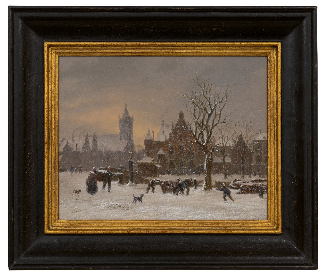 Hove B.J. van | Bartholomeus Johannes 'Bart' van Hove | Schilderijen te koop aangeboden | Winters stadsgezicht met de Oude Kerk in Delft, olieverf op paneel 24,7 x 31,5 cm, gesigneerd linksonder