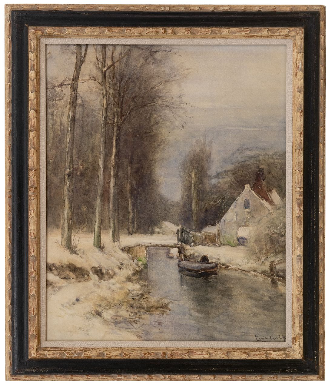 Apol L.F.H.  | Lodewijk Franciscus Hendrik 'Louis' Apol | Aquarellen en tekeningen te koop aangeboden | Besneeuwd bos met vaartje, aquarel en gouache op papier 58,3 x 47,5 cm, gesigneerd rechtsonder
