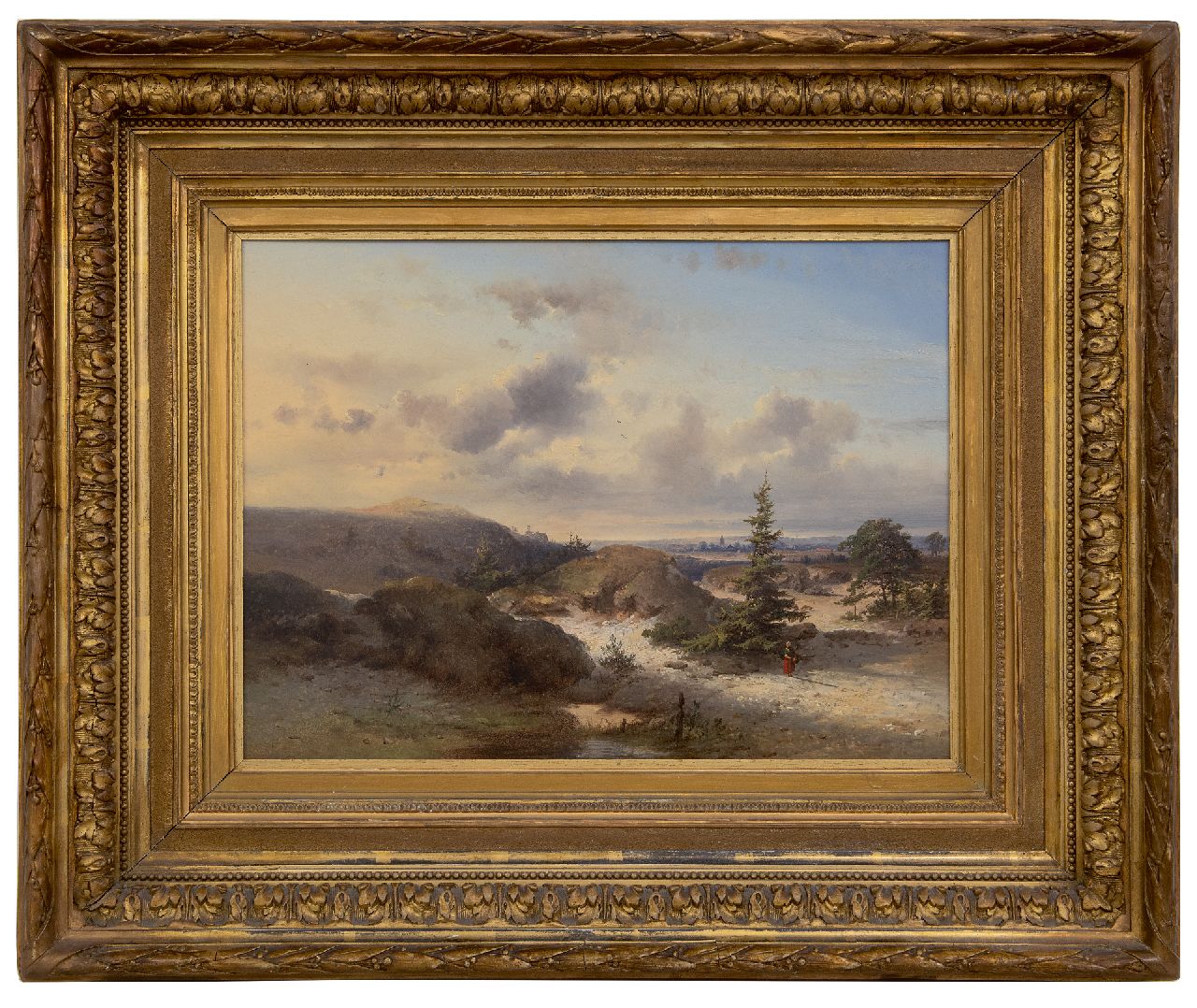 Kluyver P.L.F.  | 'Pieter' Lodewijk Francisco Kluyver | Schilderijen te koop aangeboden | Landschap met wandelende vrouw, dorp op achtergrond, olieverf op paneel 34,0 x 47,0 cm, gesigneerd linksonder