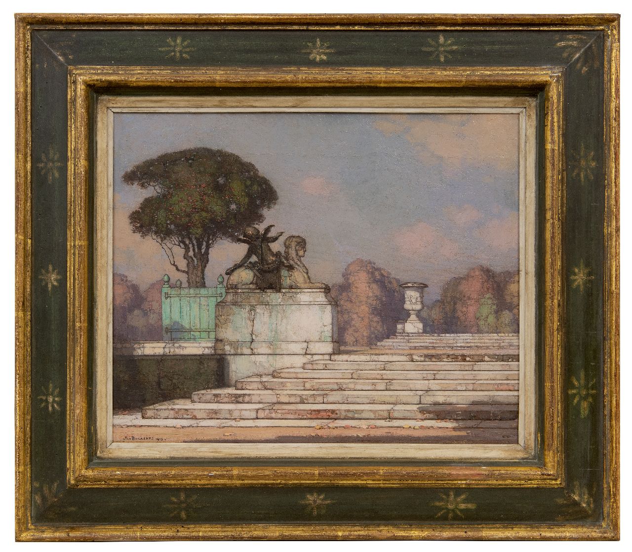 Bogaerts J.J.M.  | Johannes Jacobus Maria 'Jan' Bogaerts, Het beeld van een sfinx en Cupido in het park van Versailles, olieverf op doek 32,5 x 39,7 cm, gesigneerd linksonder en gedateerd 1915