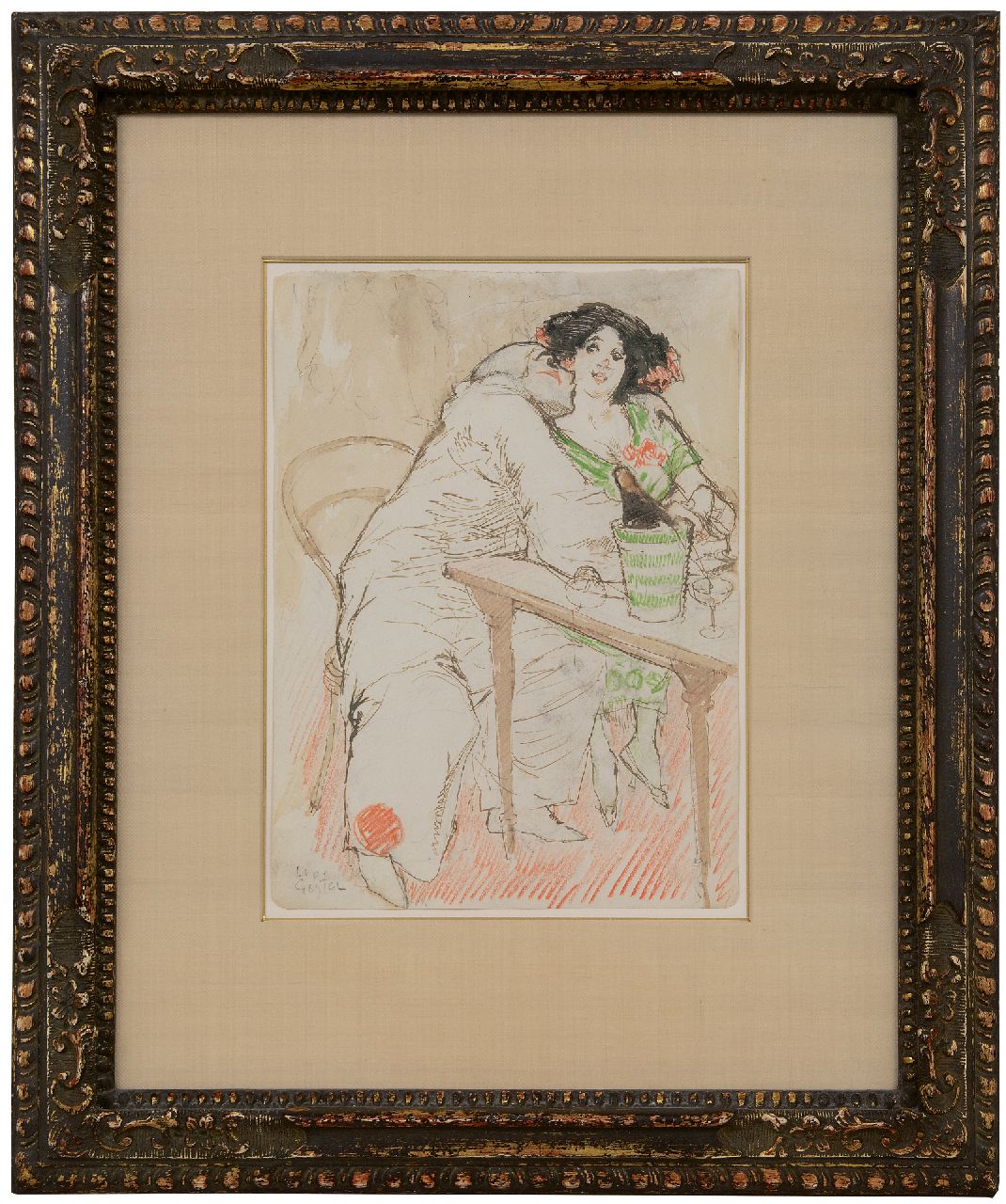 Gestel L. | Leendert 'Leo' Gestel | te koop aangeboden | Caféscène met een pierrot, potlood, inkt en krijt op papier 30,0 x 22,0 cm, gesigneerd linksonder en te dateren ca. 1908 Gestel L. | Leendert 'Leo' Gestel | te koop aangeboden | Caféscène met een pierrot, potlood, inkt en krijt op papier 30,0 x 22,0 cm, gesigneerd linksonder en te dateren ca. 1908