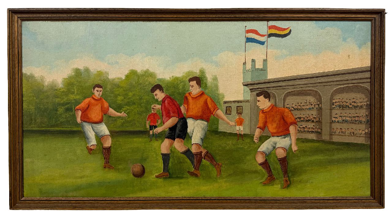 Hollandse School, begin 20e eeuw | Hollandse School, begin 20e eeuw | Schilderijen te koop aangeboden | Voetballers, olieverf op doek op schildersboard 44,5 x 88,0 cm, te dateren ca. 1930 Hollandse School, begin 20e eeuw | Hollandse School, begin 20e eeuw | Schilderijen te koop aangeboden | Voetballers, olieverf op doek op schildersboard 44,5 x 88,0 cm, te dateren ca. 1930