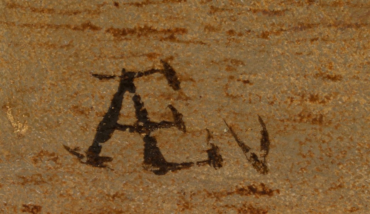 Adrianus Eversen signaturen Zonnig straatje met figuren