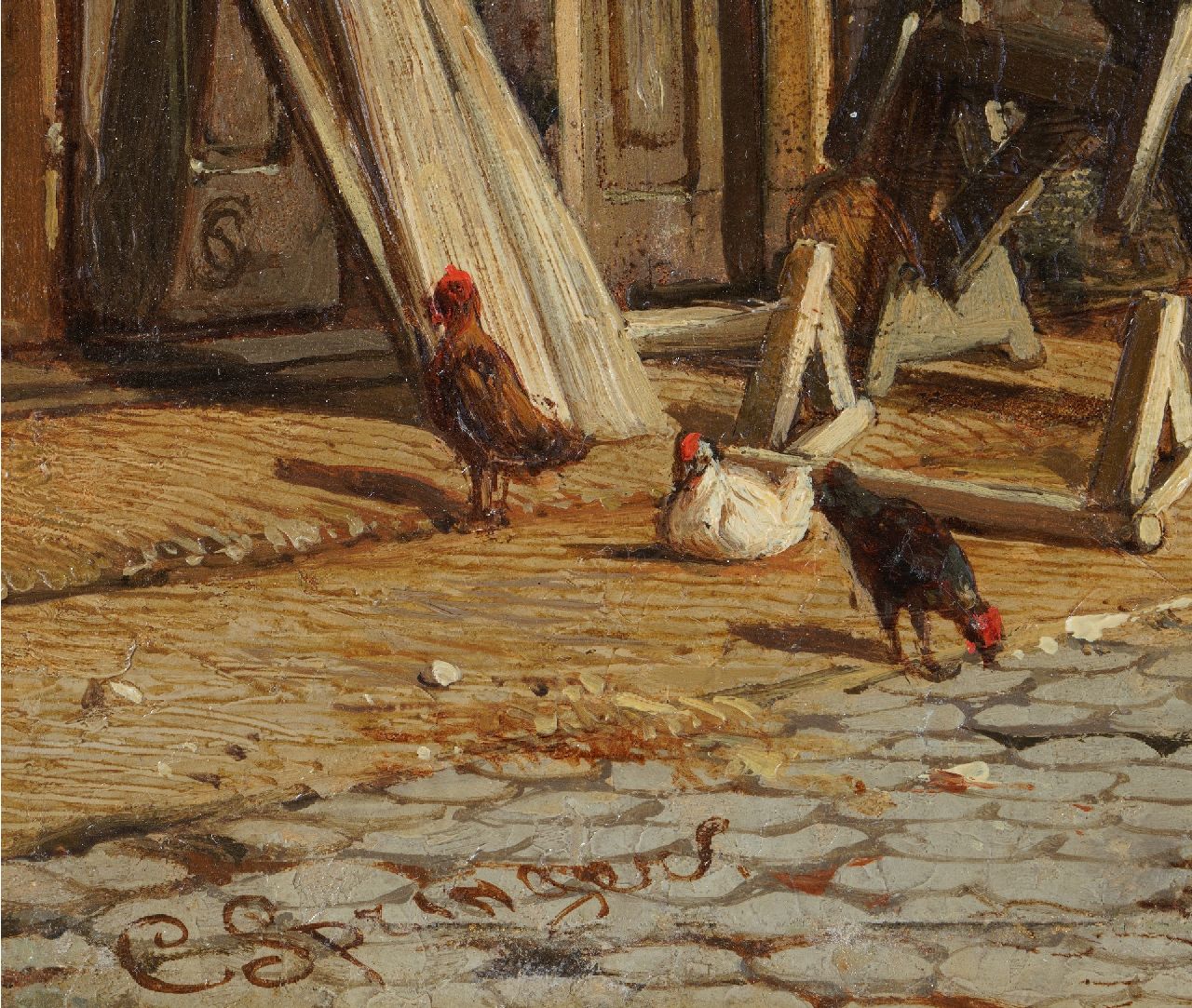 Cornelis Springer signaturen Timmerlieden bij Oudhollands stadspand aan een marktplein