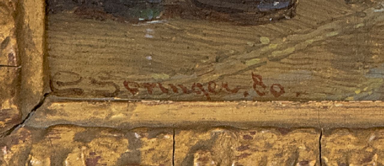 Cornelis Springer signaturen Straatje in Oudewater bij regenachtig weer