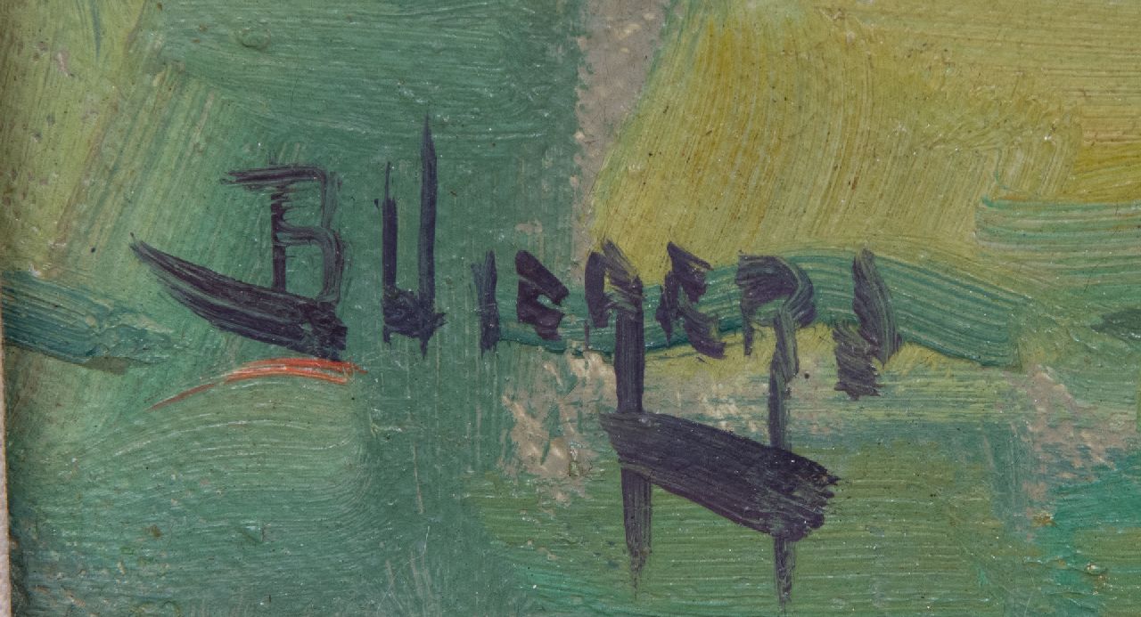 Ben Viegers signaturen Zinnia's in een blauwe vaas