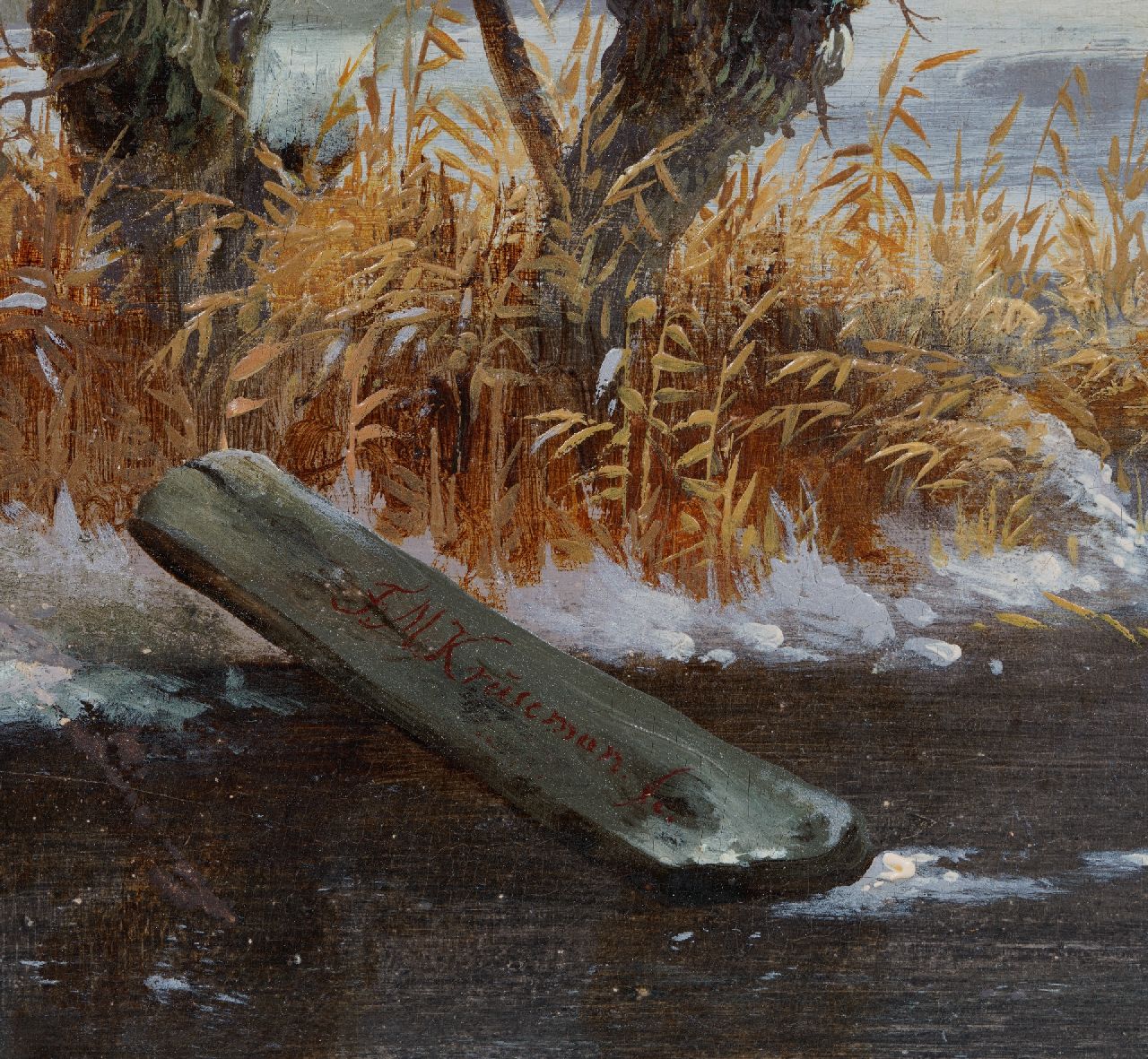 Frederik Marinus Kruseman signaturen Winterlandschap met schaatsers en een koek-en-zopietent
