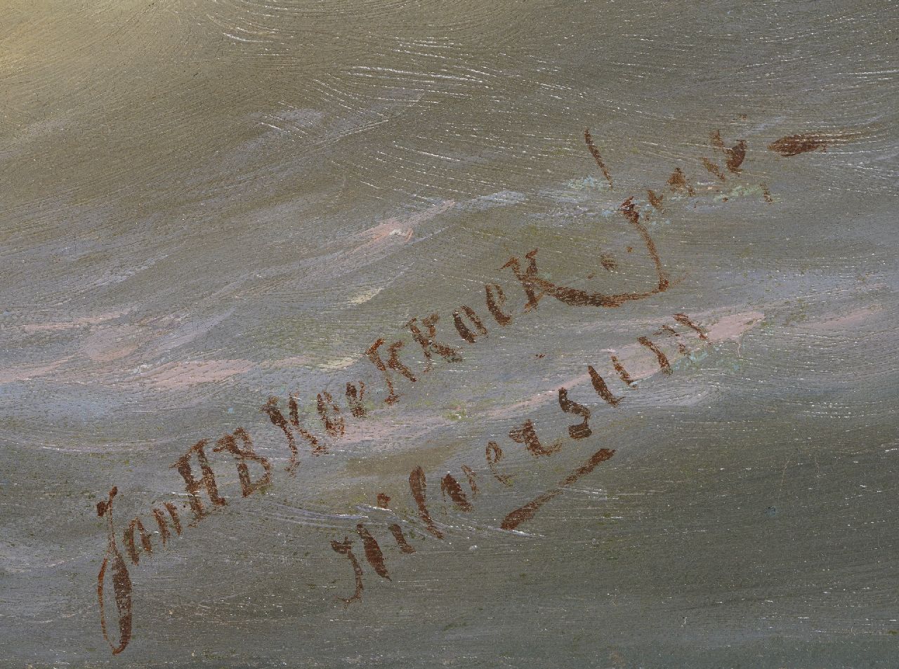 Jan H.B. Koekkoek signaturen Zeilschepen bij de kust op woelige zee