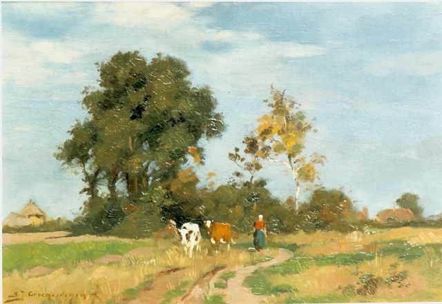 Groenewegen A.J.  | A summer landscape with a cow herd, oil on panel 21.0 x 30.0 cm, signed l.l.