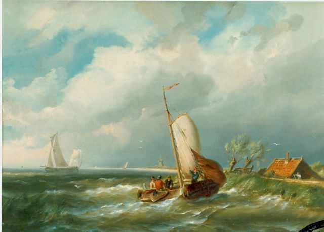 Dommershuijzen P.C.  | Sailing boats in choppy waters, oil on canvas 34.8 x 46.3 cm, signed l.l. and dated 1858