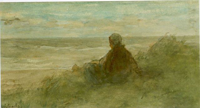 Israëls J.  | A girl in the dunes, watercolour on paper 17.0 x 31.0 cm, signed l.l.