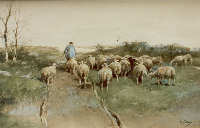 Anton Mauve | A shepherd and his flock, watercolour on paper, 31.5 x 52.0 cm, signed l.r.
