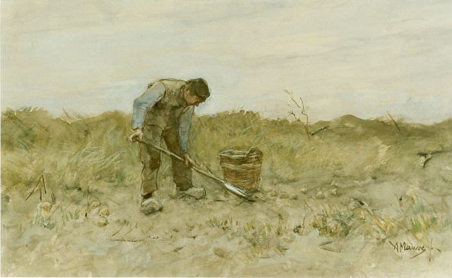Mauve A.  | A farmer digging  potatoes, watercolour on paper 27.5 x 45.0 cm, signed l.r.