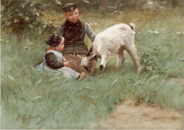 Martens W.  | Kinderen met geitje in de wei, aquarel op papier 40,6 x 49,8 cm, gesigneerd l.o.