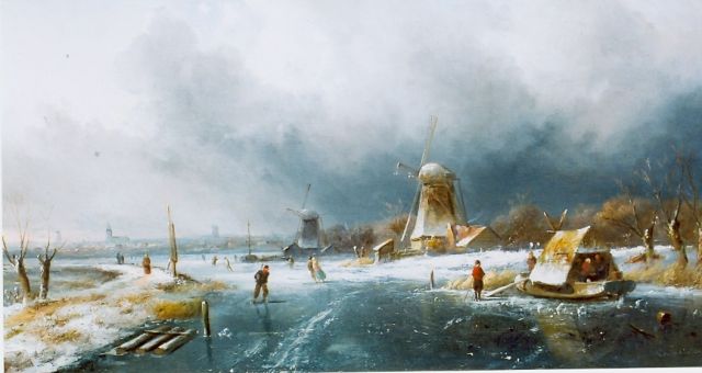 Leickert C.H.J.  | Skaters on a frozen waterway, oil on panel 300.0 x 420.0 cm, signed l.r.
