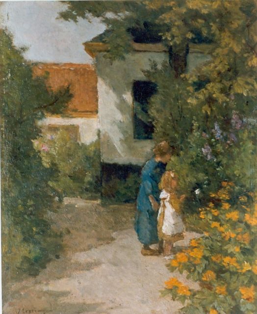 Akkeringa J.E.H.  | A flower garden with two girls, oil on canvas laid down on panel 28.3 x 23.0 cm, signed l.l.