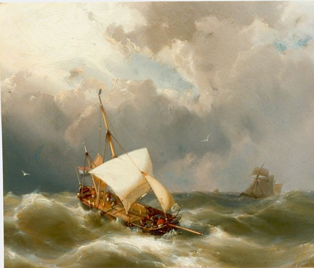 Koekkoek jr. H.  | Sailing boat in distress, oil on panel 21.2 x 25.9 cm, signed l.r.