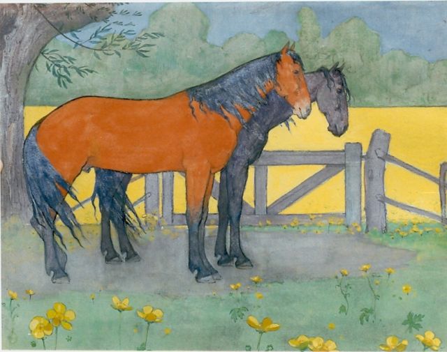 Voerman sr. J.  | Two horses, gouache on board 25.0 x 32.0 cm, signed signed with monogram