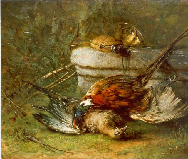 Vos M.  | A hunting still life with pheasants, oil on panel 25.3 x 31.0 cm, signed l.r. and dated 1892