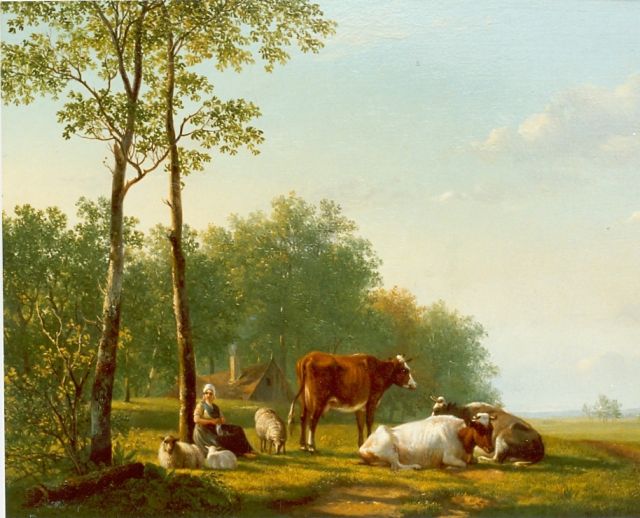 Sande Bakhuyzen H. van de | Landschap met boerin en vee, olieverf op paneel