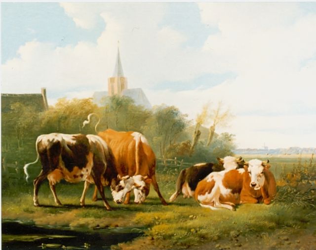 Verhoesen A.  | Cattle in a landscape, oil on panel 26.0 x 34.5 cm, signed l.r.