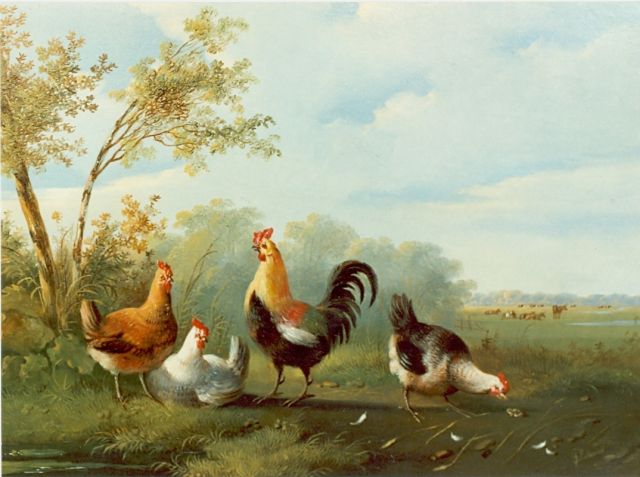 Verhoesen A.  | Rooster and hens, oil on panel 24.5 x 32.5 cm, signed l.r.