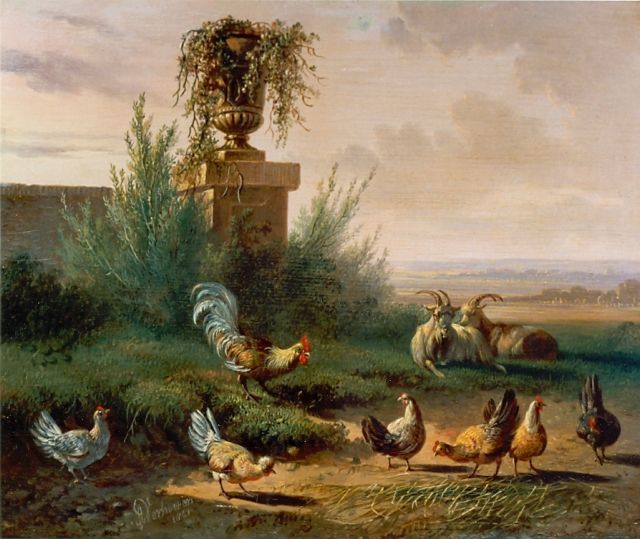 Verhoesen A.  | Chickens in a meadow, oil on panel 18.0 x 22.1 cm, signed l.l. and dated 1861