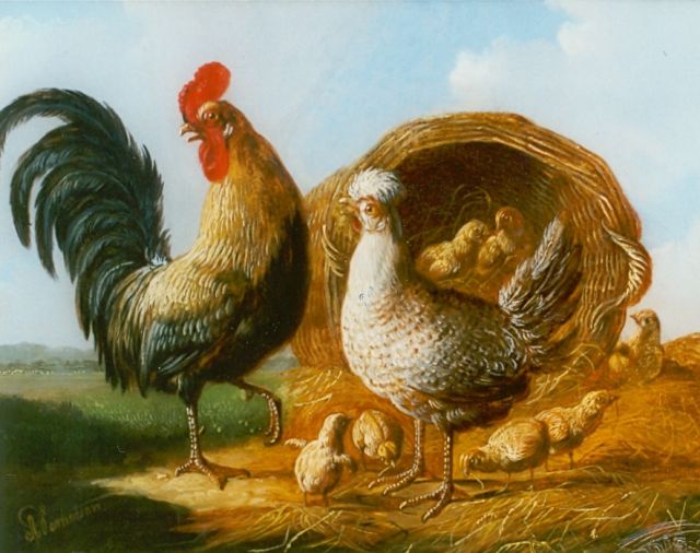 Verhoesen A.  | Rooster, hen and chickens, oil on panel 13.5 x 17.5 cm, signed l.l.