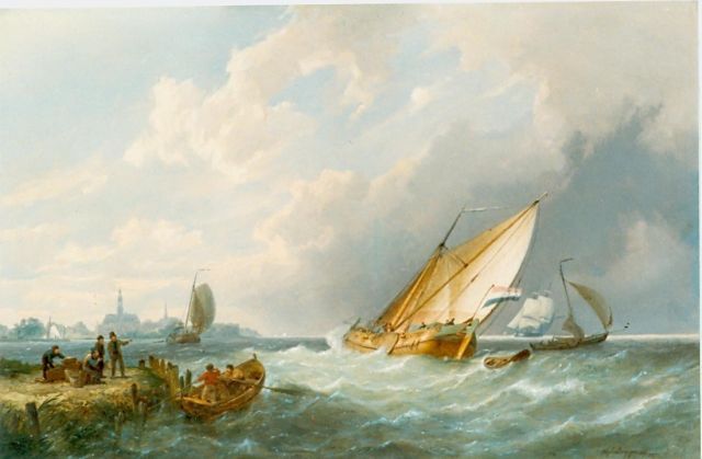 Dommershuijzen P.C.  | Sailing boats in a stiff breeze, oil on panel 40.8 x 61.0 cm, signed l.r. and dated 1871