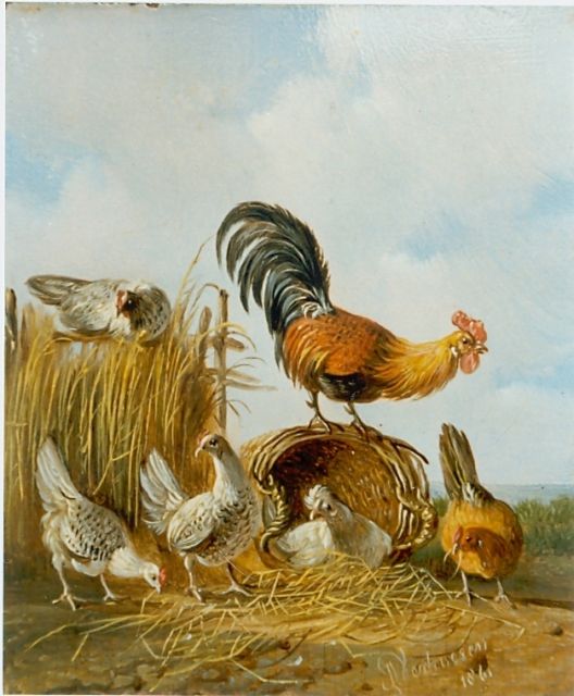 Verhoesen A.  | A rooster and hens, oil on panel 12.5 x 10.2 cm, signed l.r. and dated 1861