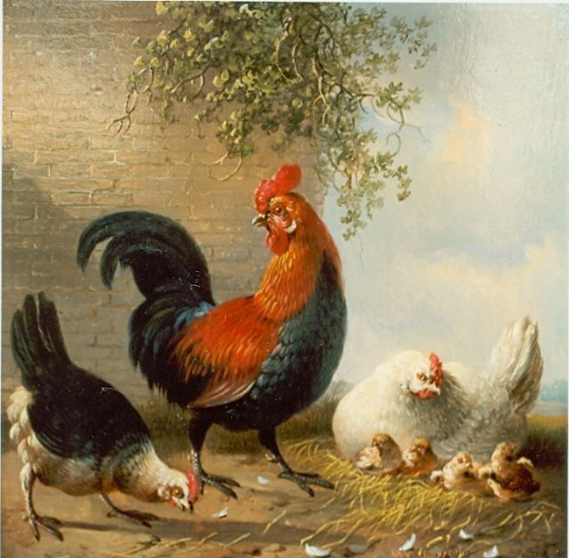 Verhoesen A.  | Rooster, hen and chickens, oil on panel 16.5 x 16.5 cm, signed l.r. and dated 1858