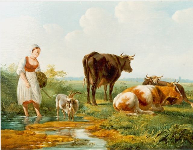 Verhoesen A.  | A shepherdess, oil on panel 22.0 x 27.0 cm, signed l.c.