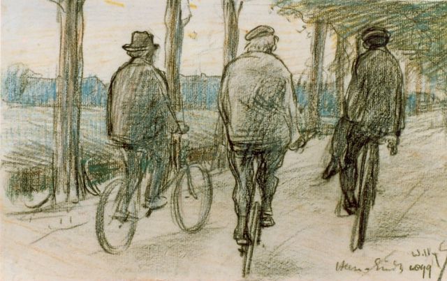 Sluiter J.W.  | Three cyclists, drawing on paper 19.0 x 32.0 cm, signed l.r.