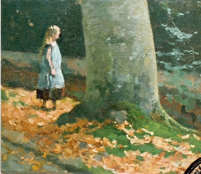 Tholen W.B.  | Young girl in a wooded landscape, oil on canvas laid down on panel 21.3 x 26.2 cm, signed u.r.