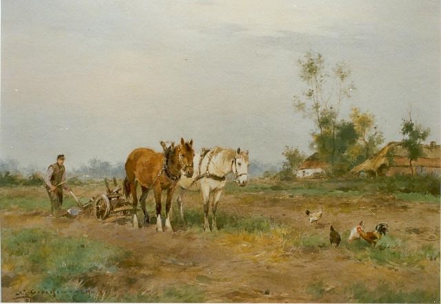 Groenewegen A.J.  | A ploughing  farmer, watercolour on paper 24.2 x 34.2 cm, signed l.l.