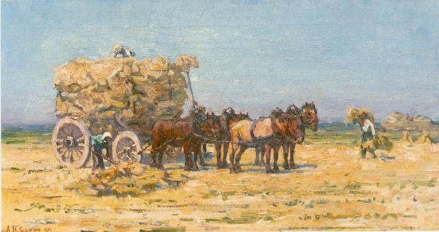Gouwe A.H.  | Haymaking, oil on canvas 33.8 x 62.9 cm, signed l.l. and dated 1914